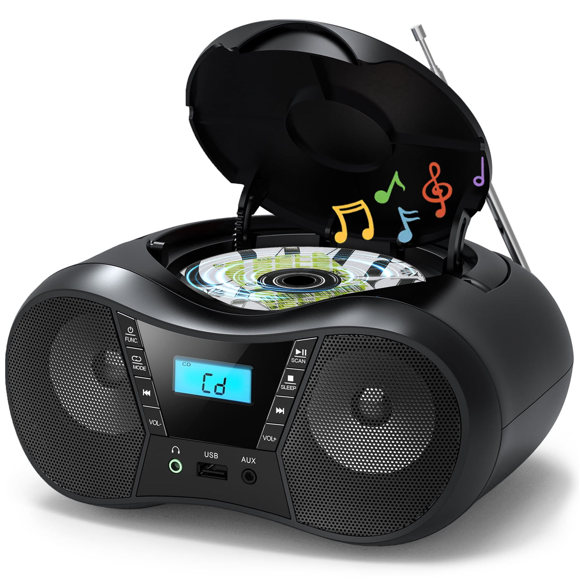 Greadio Portable CD Player Boombox with Bluetooth 5.1, FM Radio,Stereo Sound ,USB/AUX Input,AC/Battery Powered,CD/CD-R/CD-RW Compatible,3.5mm Headphone Jack,Sleep Timer for Home,Seniors,Kids