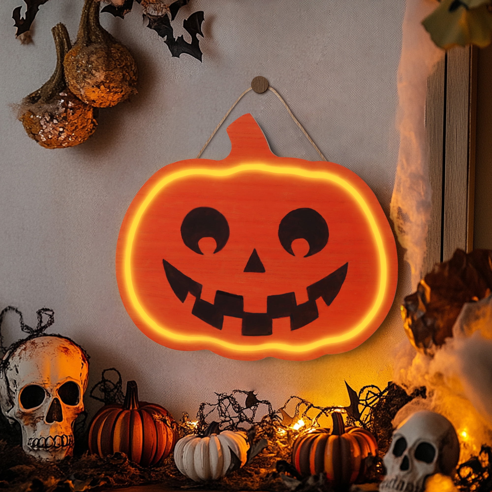 Hello Hobby Pumpkin LED Plaque, Unfinished Wood Surface, H 10" x W 11.5" x D 0.59"