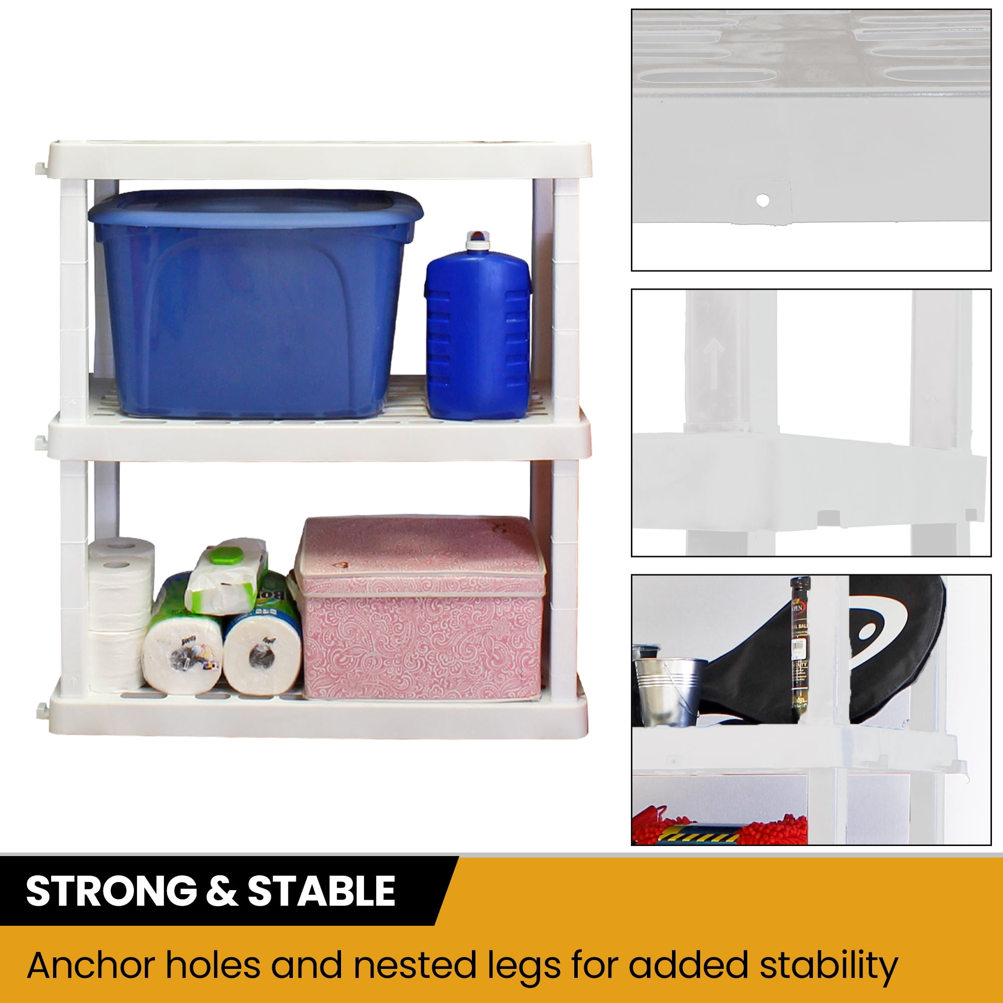 Hyper Tough Plastic Shelving Unit Storage Shelf 3-Tier 38"H x 36"W x 18"D White 450 lbs Capacity