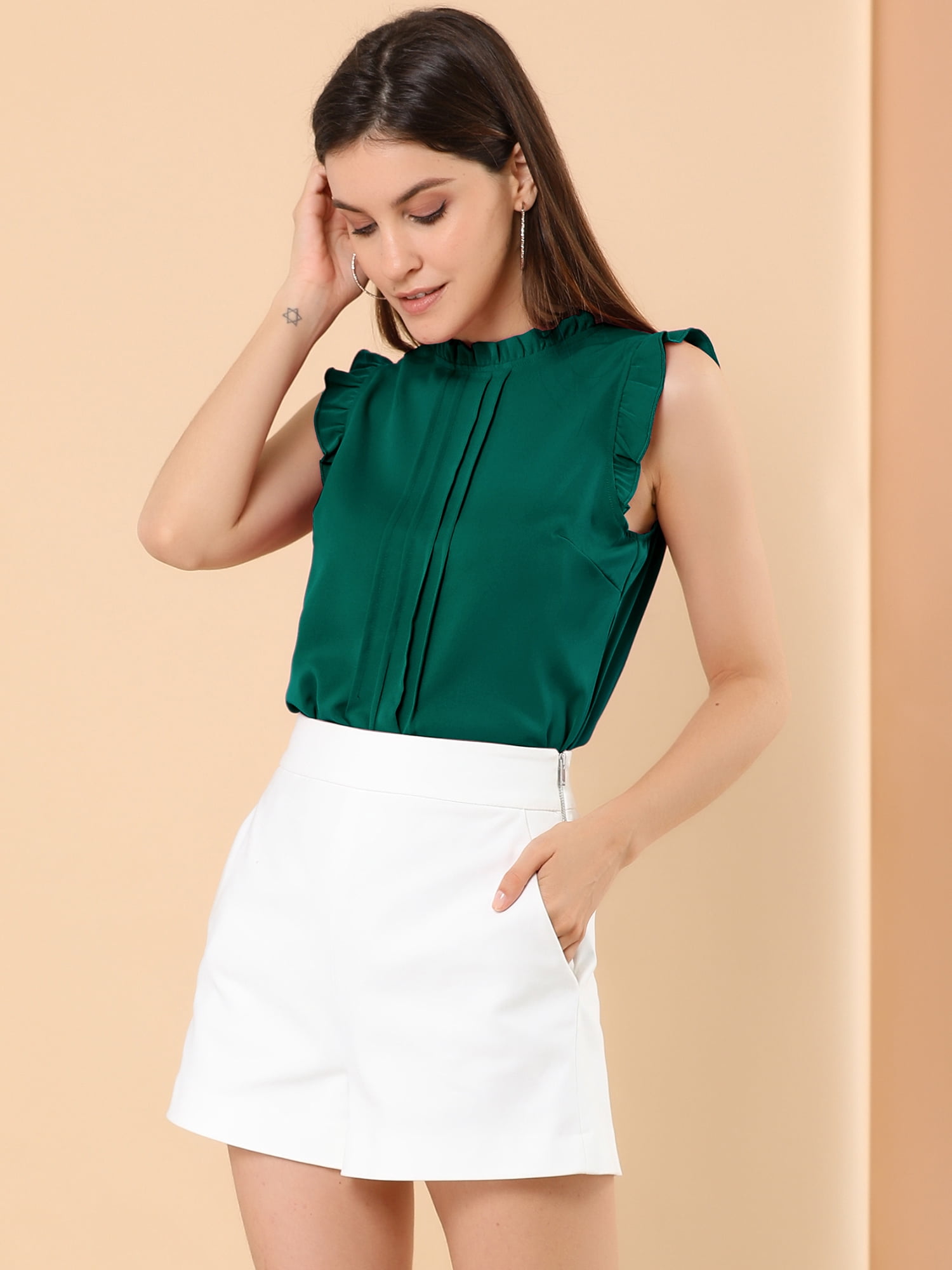 DARING DIVA Women's Ruffled Trim Pleated Plain Blouse Top 3XL Dark Green
