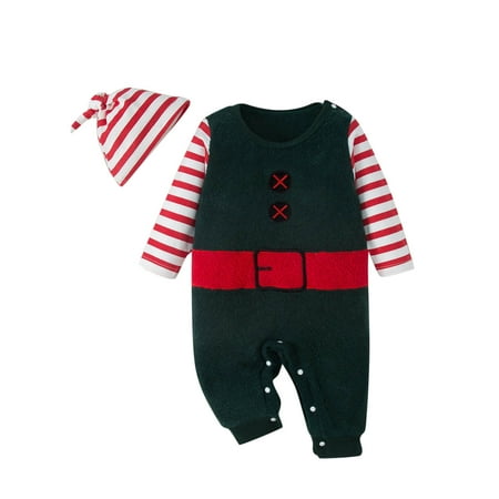 

Newborn Infant Baby Girls Boys Romper Toddler Kids Infant Girls Boys Christmas Stripe Long Sleeves Fleece Xmas Romper Jumpsuit Hat Outfits