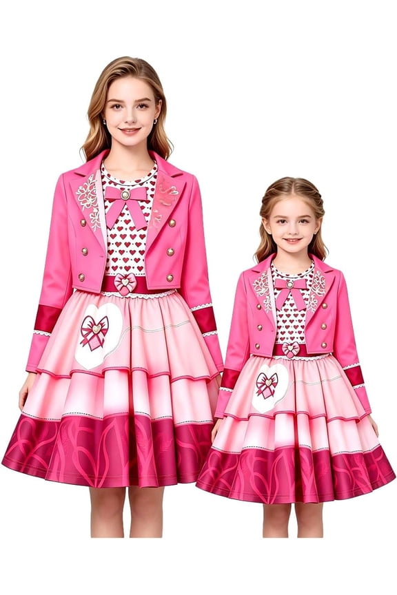 Family Matching Pink Princess Cosplay Dress, Mommy & Me Magical G'irl Halloween Outfits with Cropped Blazer for Adults (XS)