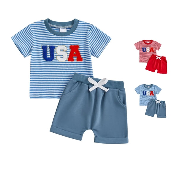 Afuyipoi Toddler Boys 2-Piece Patriotic Outfit (6 Months-4 Years) USA Letter Print Striped T-Shirt and Red Shorts Summer Set Blue 3T