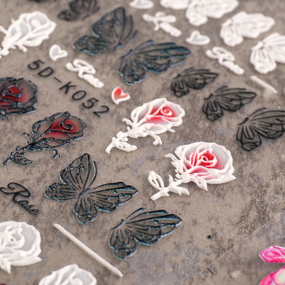 Flower Nail Art Sticker Decals 5D Exquisite Hollow Pattern Nail Art Supplies Self-Adhesive Embossed Nail Art Decoration White Feather Lace Flower Leaf Design DIY Acrylic Nail Art 3 Sheet