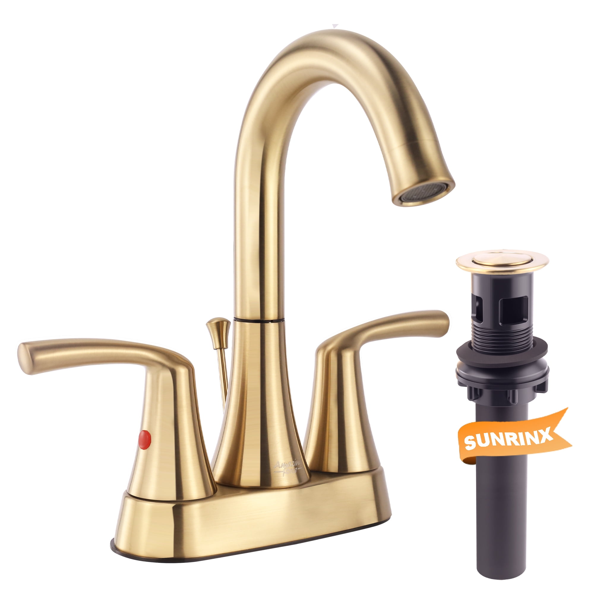 Sunrinx 4-Inch Bathroom Sink Faucet Brushed Gold 2 Handle Centerset High Arc Swivel Faucet