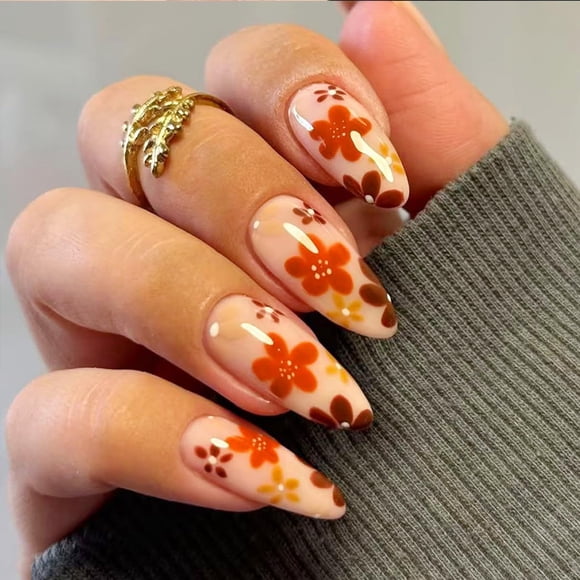 Uñas postizas adhesivas SXTSZJ forma almendra acrílicas con diseño floral, 24 piezas