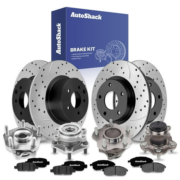 AutoShack Front & Rear Brake Rotors, Ceramic Pads & Hub Bearing Assemblies for Nissan, Sentra 2013-2019, FWD L4 1.8L - E-Coated Drilled & Slotted - ShadowGuard