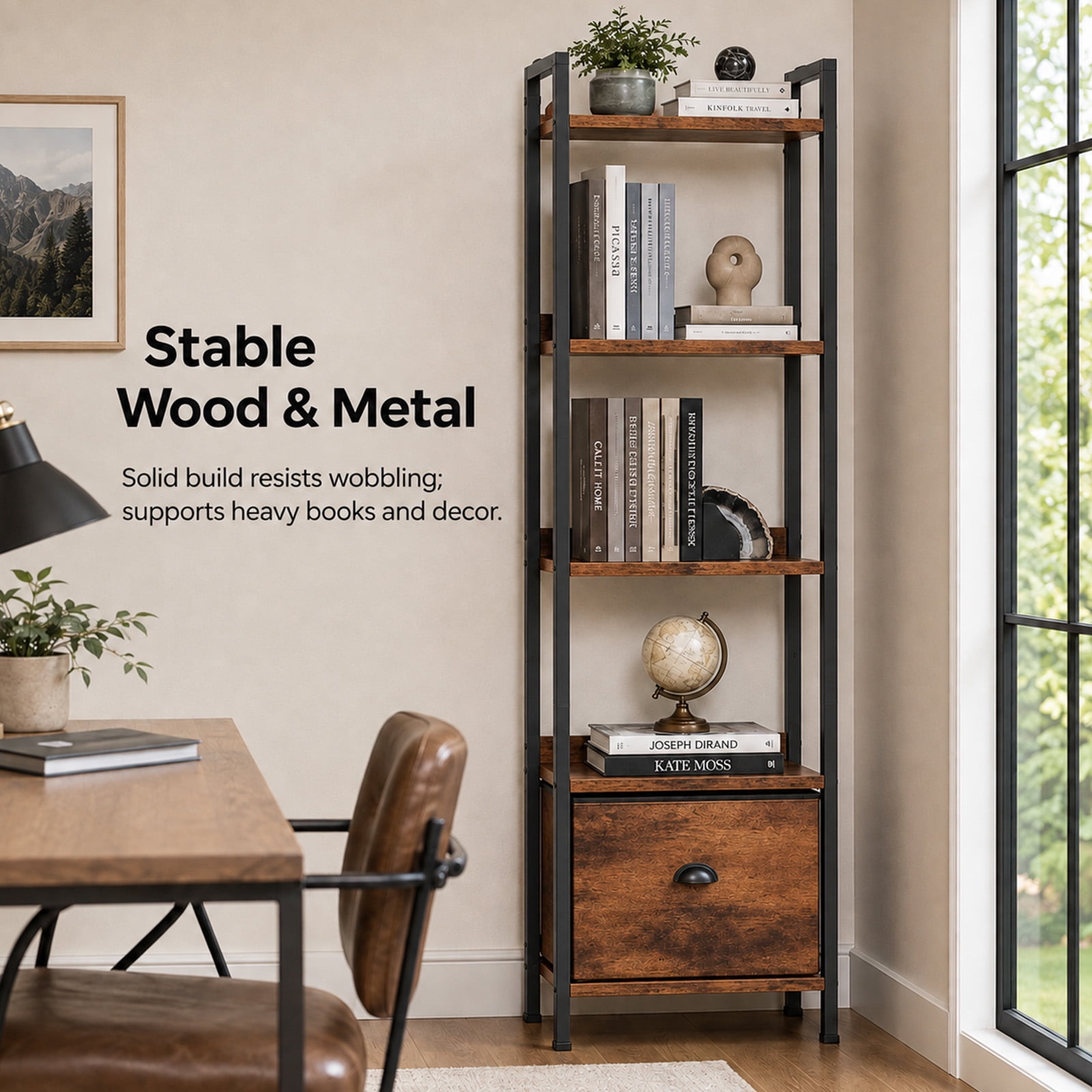 Alvantor 5-Tier Bookshelf, Industrial Bookcase with Drawer, Space-Saving Storage Bookcase for Bedroom, Living Room & Home Office