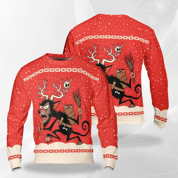 Krampus Christmas Sweatshirt, Funny Holiday Crewneck, Red Ugly Sweater with Krampus and Skulls, Edgy Xmas Pullover for Men Women, Unique Holiday Design