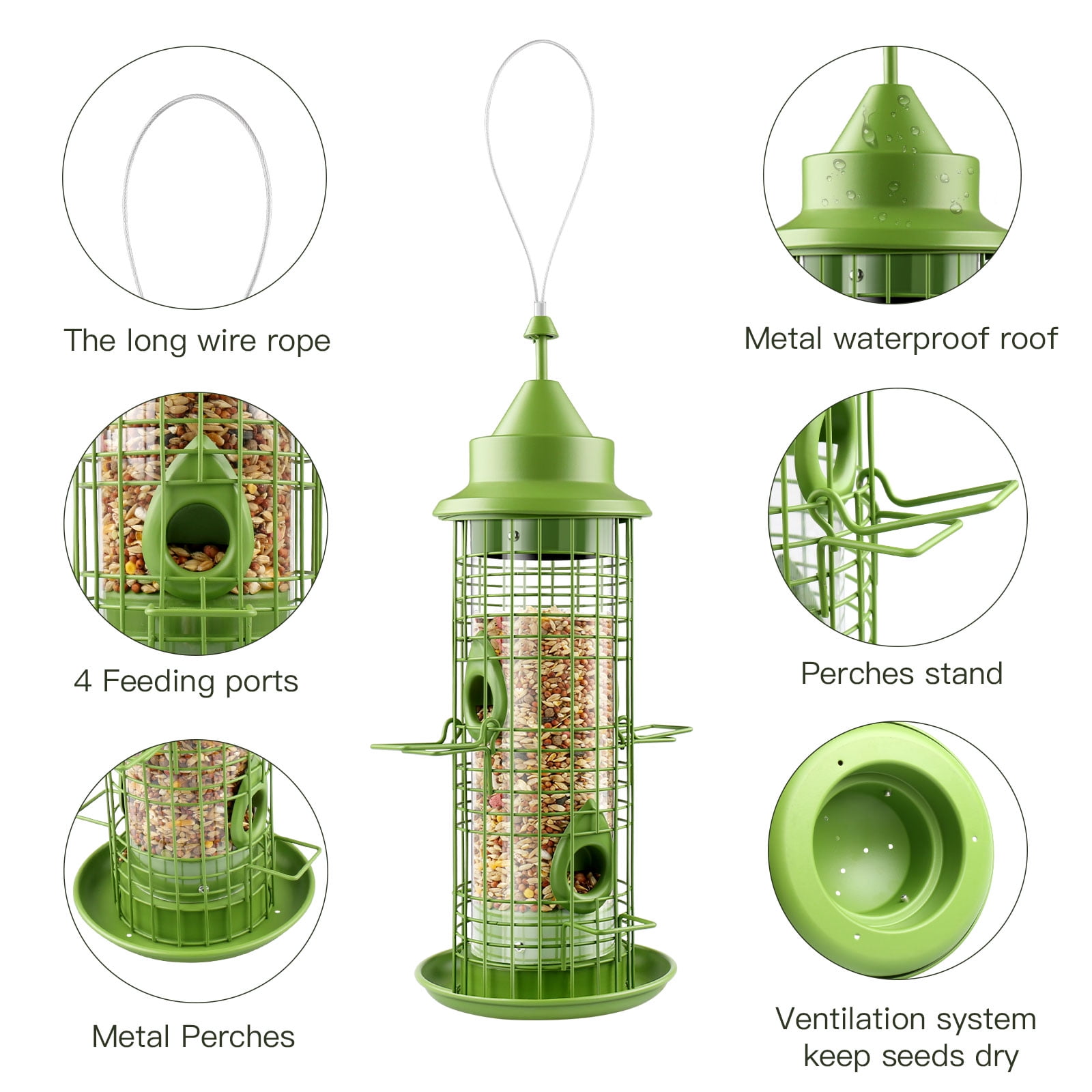 UPSKY Durable 4-Perch Multi-Bird Tube Feeder with Roof 2.2 lb Capacity, Green