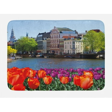 Landscape Bath Mat, European City Holland Amsterdam Scenery of Old Victorian Era Houses Art Print, Non-Slip Plush Mat Bathroom Kitchen Laundry Room Decor, 29.5 X 17.5 Inches, Multicolor, Ambesonne