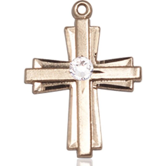 14kt Yellow Gold Cross Medal with 3mm April Swarovski Crystal 3/4 X 1/2 inches