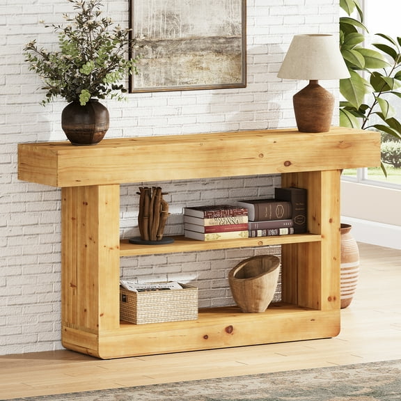 63-Inch Solid Wood Console Table for Entryway, 3-Tier Sofa Table with Storage, Natural