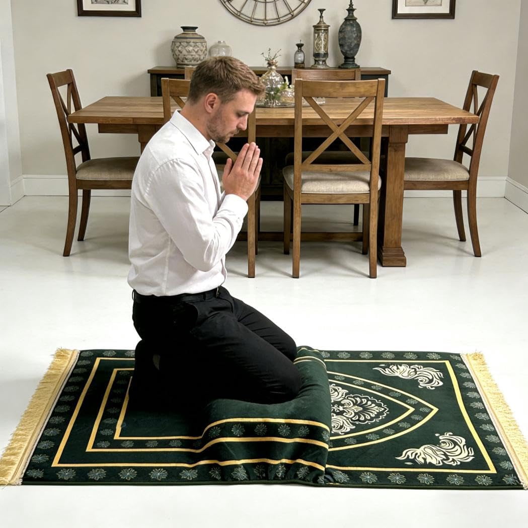 Orthopedic Prayer Mat with Memory Foam Knee Support – Extra Thick Padded Prayer Rug, Extra Soft Kneeling Cushion for Men & Women, Non-Slip Velvet Mat for Eid, Daily Prayer