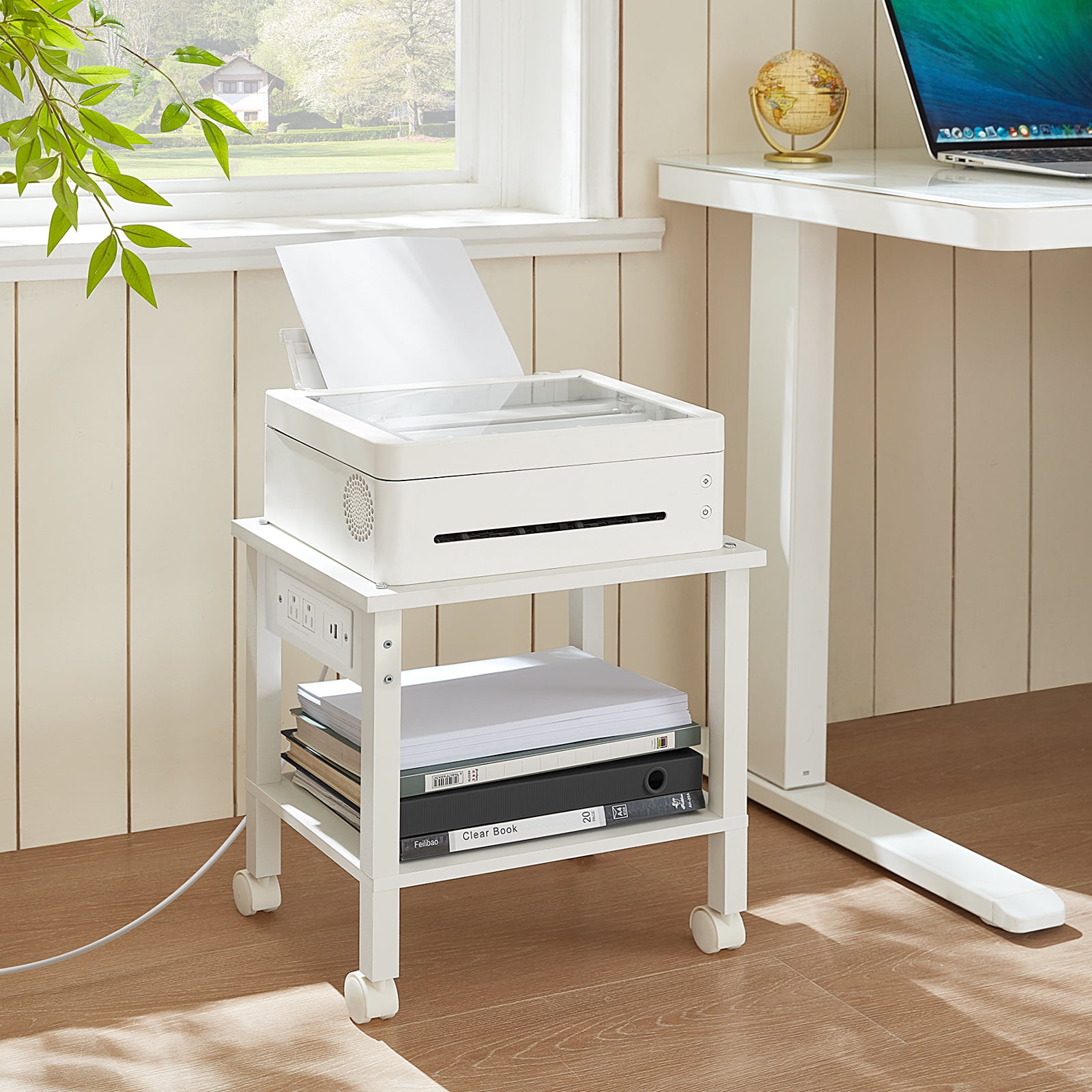Leyaoyao Printer Stand with Charging Station, 2 Tier Rolling Printer Cart with Wheels, Under Desk Printer Stand for Office, Home