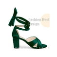 thumbnail image 5 of BLISSFUL STEP Women's Shoes Velvet Chunky Heel Crisscross Lace Up Open Toe Sandals Green 9, 5 of 7