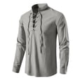 thumbnail image 4 of LMOIPLI Men's Medieval Lace-Up Linen Shirt Long Sleeve Stand Collar Renaissance Top Breathable Casual Tunic for Festival Daily Wear Gray L, 4 of 6