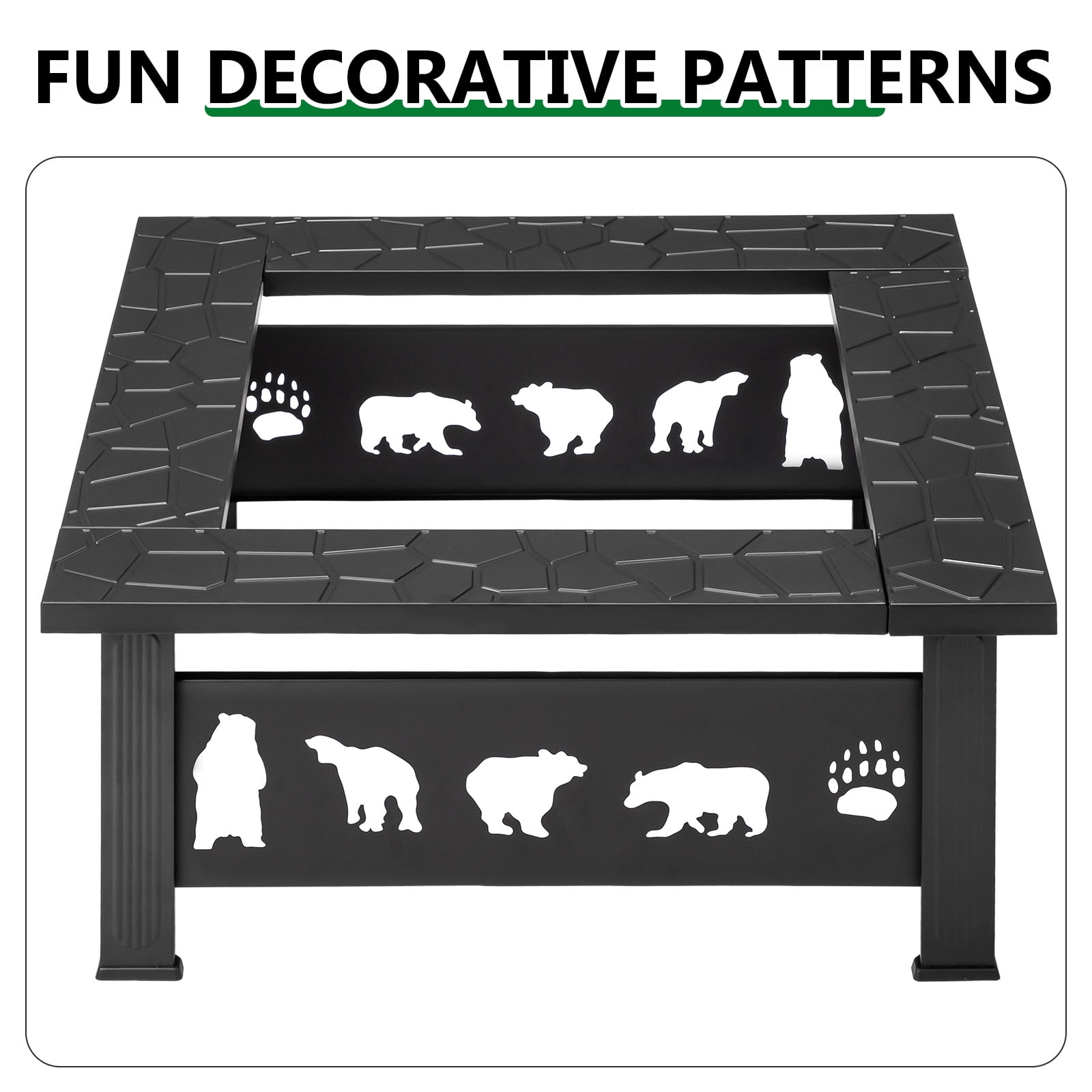 32 Inch Square Outdoor Wood Burning Fire Pit Table, Heavy Duty Wrought Iron Firepit with Pyramid Spark Screen Lid & Fire Poker, Decorative Bear Cutout Patio Fire Pit for Backyard, Garden, Lawn