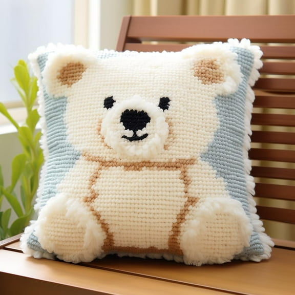 White Cartoon Bear Latch Hook Kits Pillow Crochet Yarn Rug Pre-Printed Cushion Needlework Pillowcase Hook and Latch Kit Christmas Home Sofa Decoration 43x43cm(2)