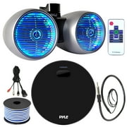 Pyle PLMRM4BTA Marine Water Resistant Bluetooth USB AUX Amplifier Receiver with 6.5" 400W Dual Wakeboard Silver Marine LED Tower Speakers, Wired Antenna, 18 Gauge Speaker Wire, USB/AUX Interface