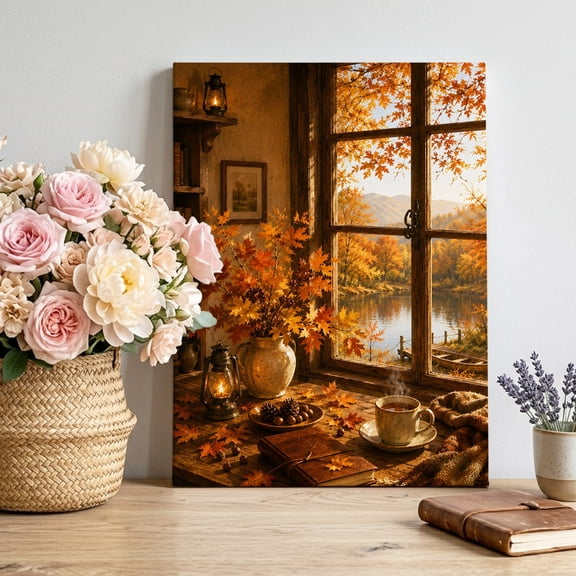 Canvas Wall Art Fall Serene Home Canvas Art Print Window Landscape Maple Leaf Afternoon Tea Rustic Farm Wall Decor for Living Room Bedroom Artwork Decorations Stretched Framed Ready to Hang 16"x20"
