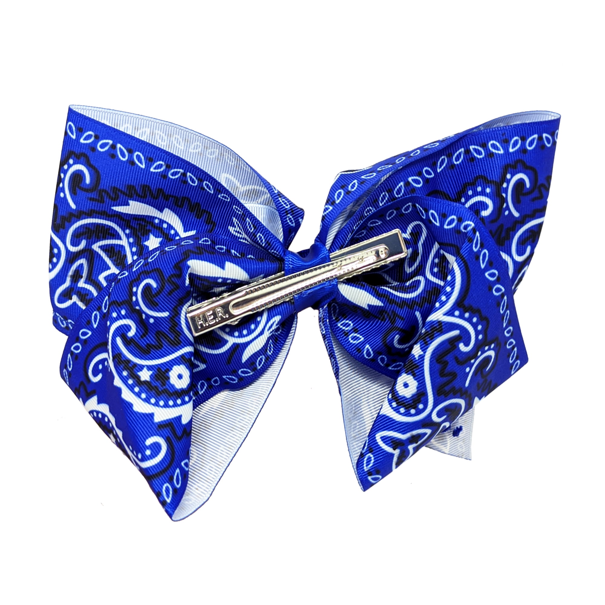 Jo Jo Siwa Bow in Blue Bandanna Print with Red and White Pom Accents