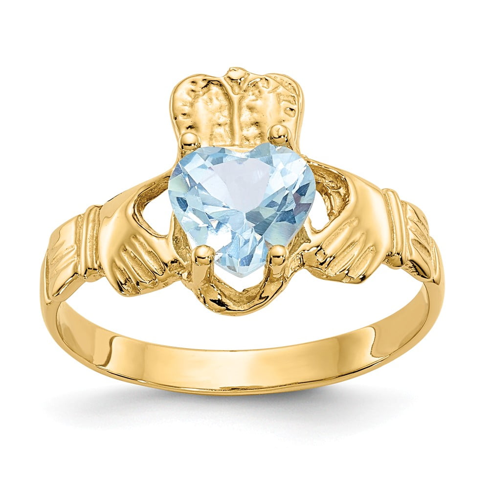 14k March Birthstone Claddagh Ring by Jewels By Lux