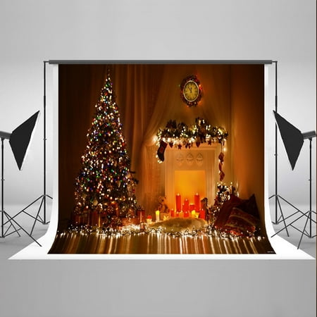Image of GreenDecor Christmas Theme Photography Backdrops Bright Lights and Christmas Tree Background Candle Fire Bcakdrop for Children Photo Backdrop