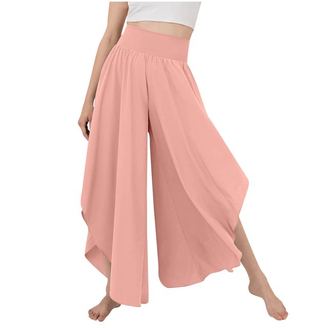 Gibobby Pantalones de pierna ancha para mujer, pantalones de Yoga de talle , pantalones Hippie Pilates, pantalones Palazzo de talla grande para playa Boho (Pink, XL)