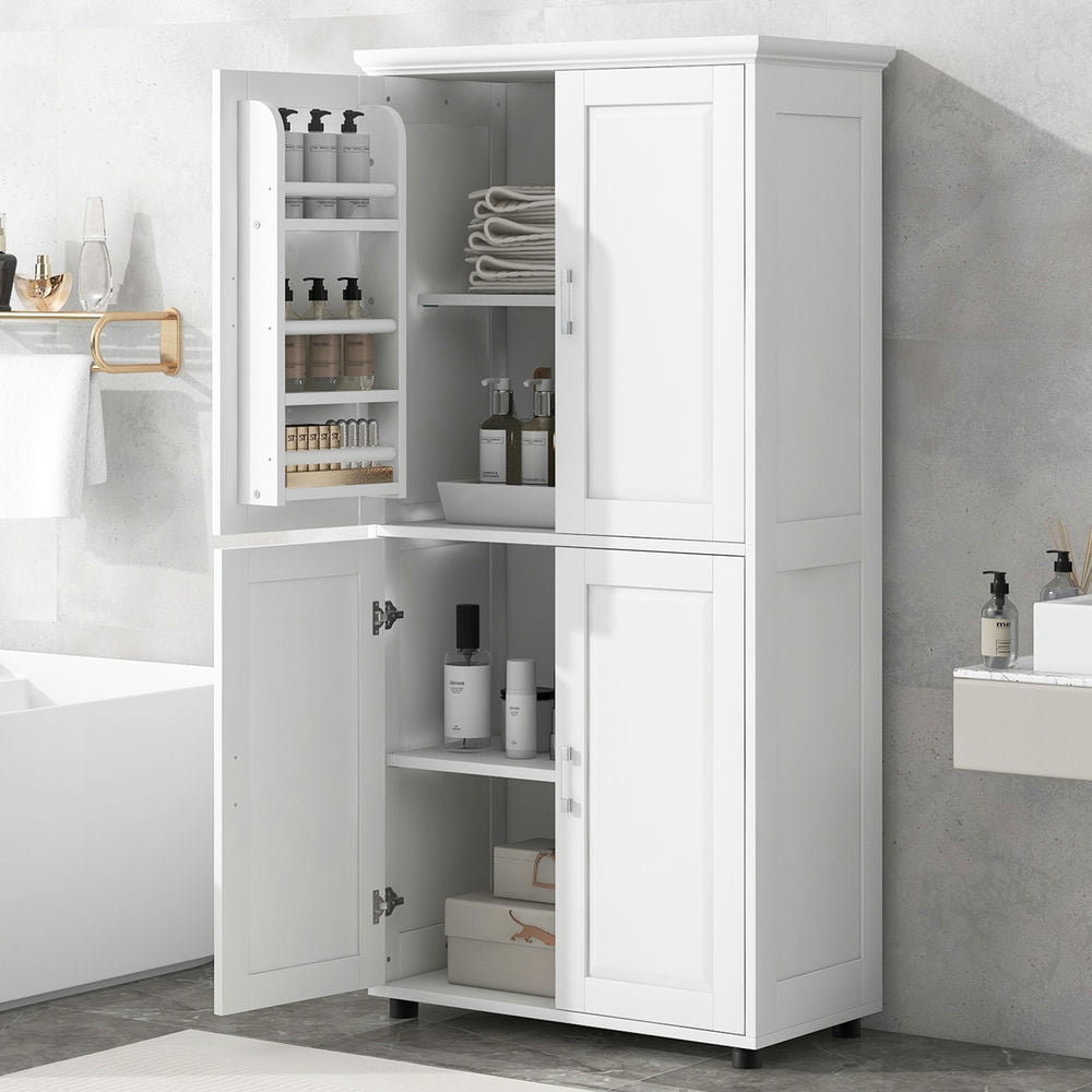GVN Bathroom Storage Cabinet, Bathroom Floor Cabinet,Tall and Wide Bathroom Floor Storage Cabinet with 4 Doors, Adjustable Shelves, White