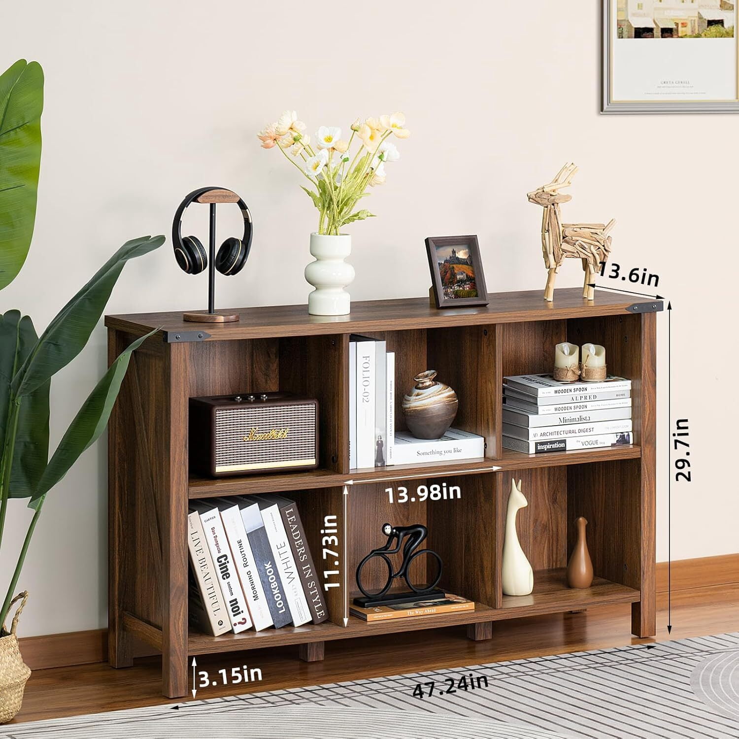 Joaxswe Organizer with Shelf, 6 Cube Storage Organizer Farmhouse Wood Cube Bookcase for Living Room Dark Rustic Brown