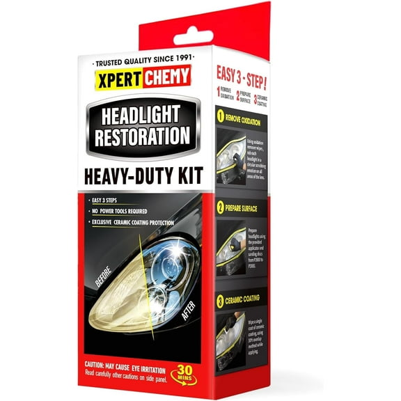 XPERTCHEMY® Ceramic Headlight Restoration Kit – Headlight Restorer Removing the Heavy-Duty Yellowing, Clouding and Scratches - No Power Tools Required - 10 Wipe Kit