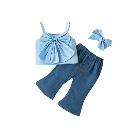 

Suanret Infant Girls 3PCS Outfit Solid Color Sling Sleeveless Front Bowknot Vest + Pants + Headband Blue 6-9 Months