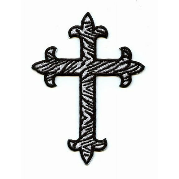 4" Cross - Black/White Zebra - Fleur De Lis - Religious - Iron On Applique/Embroidered Patch