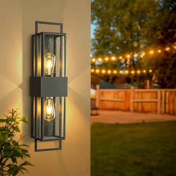 Modern Outdoor Wall Light with Dusk to Dawn Sensor H26'' Black Exterior Wall Lantern with Seeded Glass 2-Light Waterproof Sconce for Porch Garage Entryway Bulbs Not Included