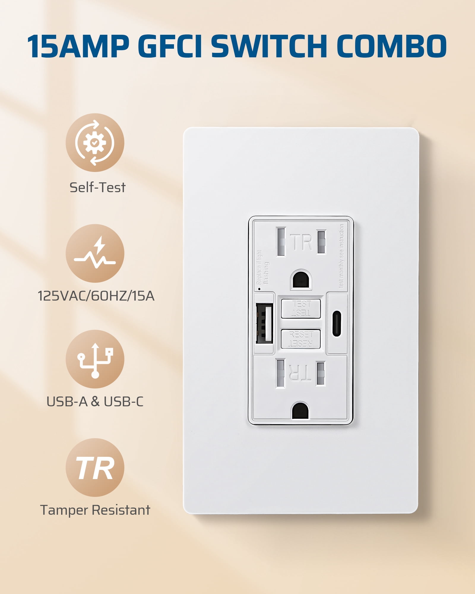DEWENWILS 15A GFCI Outlet with 4.8A/24W USB-A & USB-C Ports, 30S Self-Test GFCI Electrical Outlet with Indicator Light, Tamper-Resistant Receptacle, Screwless Wall Plate, Clamping Plate, ETL Listed