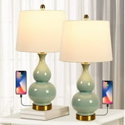 Maxax Ceramic Table Lamps - USB Nightstand Lamps Set of 2, Blue Finish