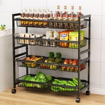 4-Tier Kitchen Storage Cart, Adjustable Rolling Pantry Storage Cart with 10 Baskets & Handle, 29''L Metal Snack Cart with Wheels, Kitchen Shelf Organizer for Fruit, Vegetables, Potato(Black)