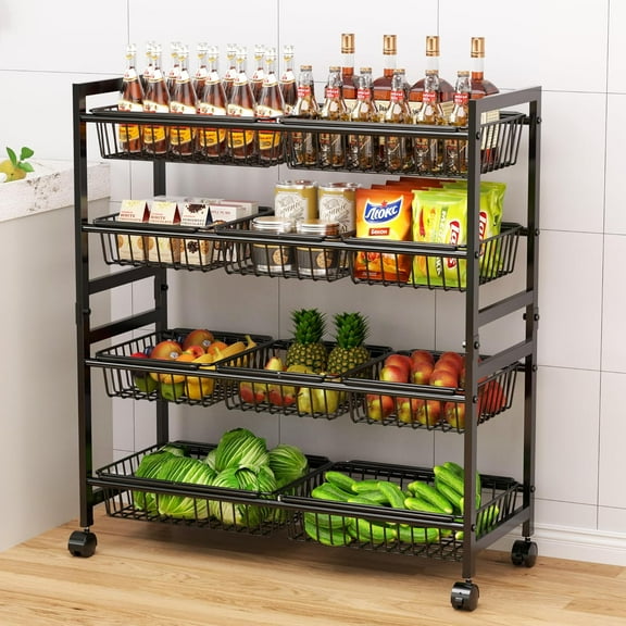 4-Tier Snack Cart with Wheels, 29''W Toy Storage Organizer, Rolling Pantry Storage Cart with 10 Wire Baskets & Handle,Adjustable Metal Snack Rack, Kitchen Organizer for Fruit, Vegetables(Black)
