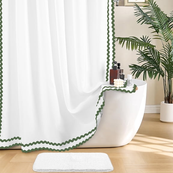 FRAMICS Sage Green Scalloped Shower Curtain Sets with Rug, 14 Piece Fabric Bathroom Sets with Hooks, Heavy-Duty Slub Textured & Waterproof, 72" x 72"