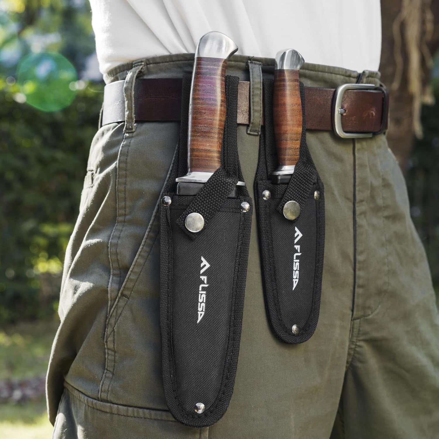 FLISSA 2-piece Bowie Knife with Sheath, Fixed Blade Hunting Knife with Leather Handle for Outdoor, Camping, Survival, Hiking