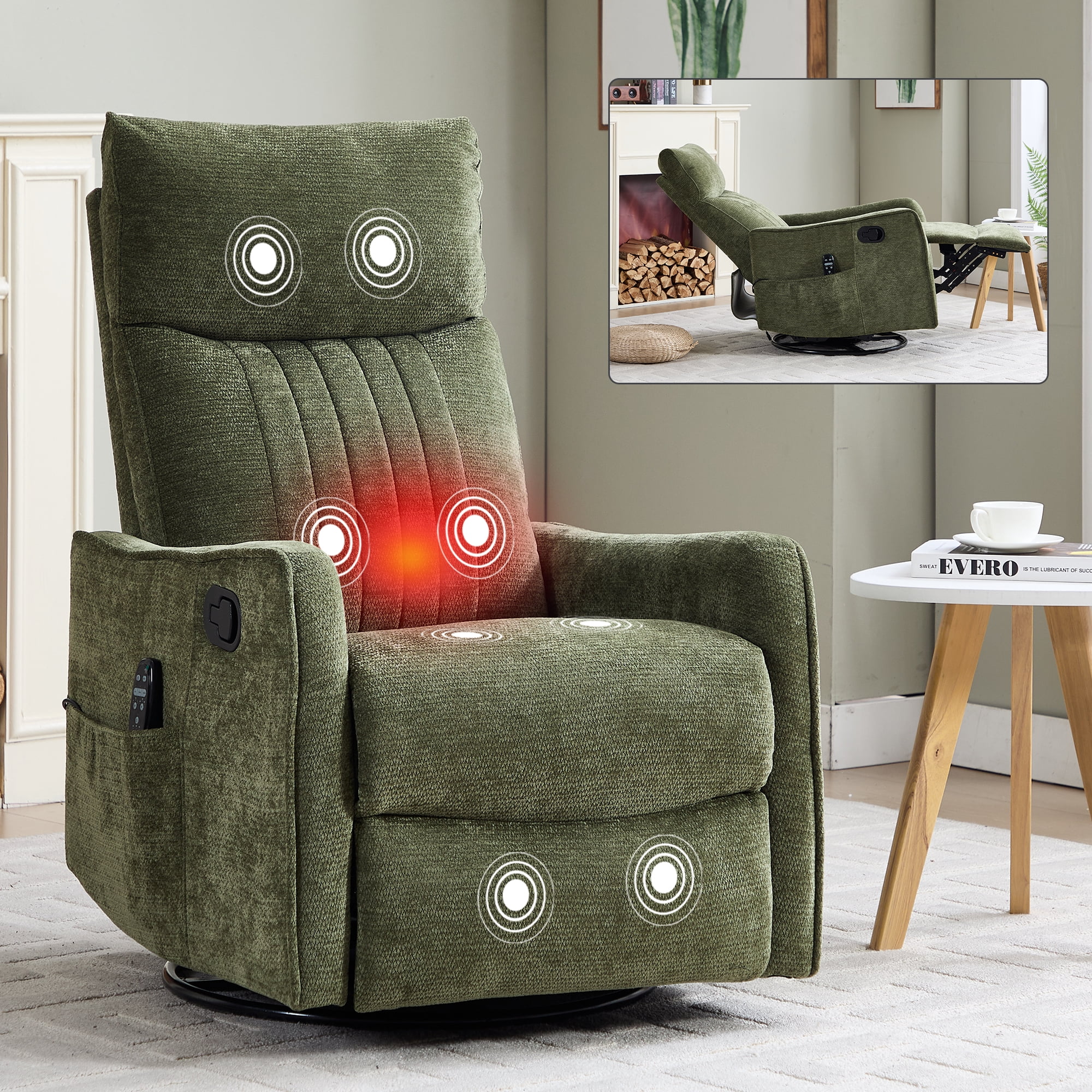 Gewnee 360° Swivel Rocking Recliner with Massage & Heat, Adjustable Reclining Angle, for Living Room & Office，Antique Green