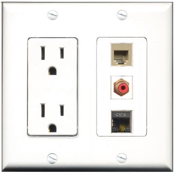 RiteAV - 15 Amp Power Outlet 1 Port RCA Red 1 Port Phone Beige 1 Port Shielded Cat6 Ethernet Ethernet Decorative Wall Plate