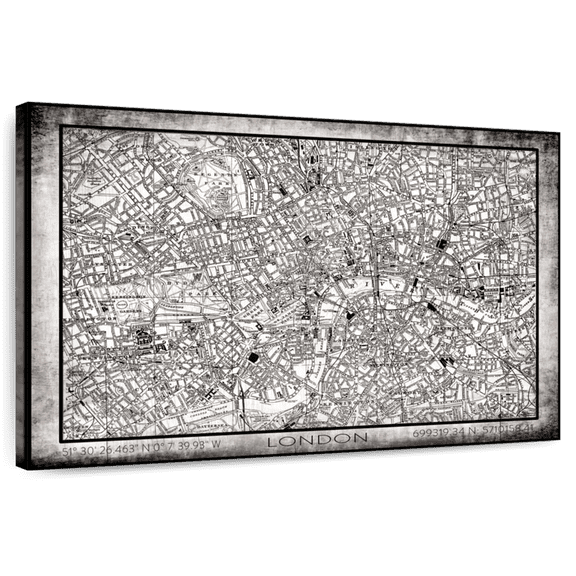 Elephant Stock City Map Of London Grunge Wall Art - Horizontal Canvas Wall Art - Living Room Wall Decor - Map Canvas - Gray And Beige Decor - 12" x 8"
