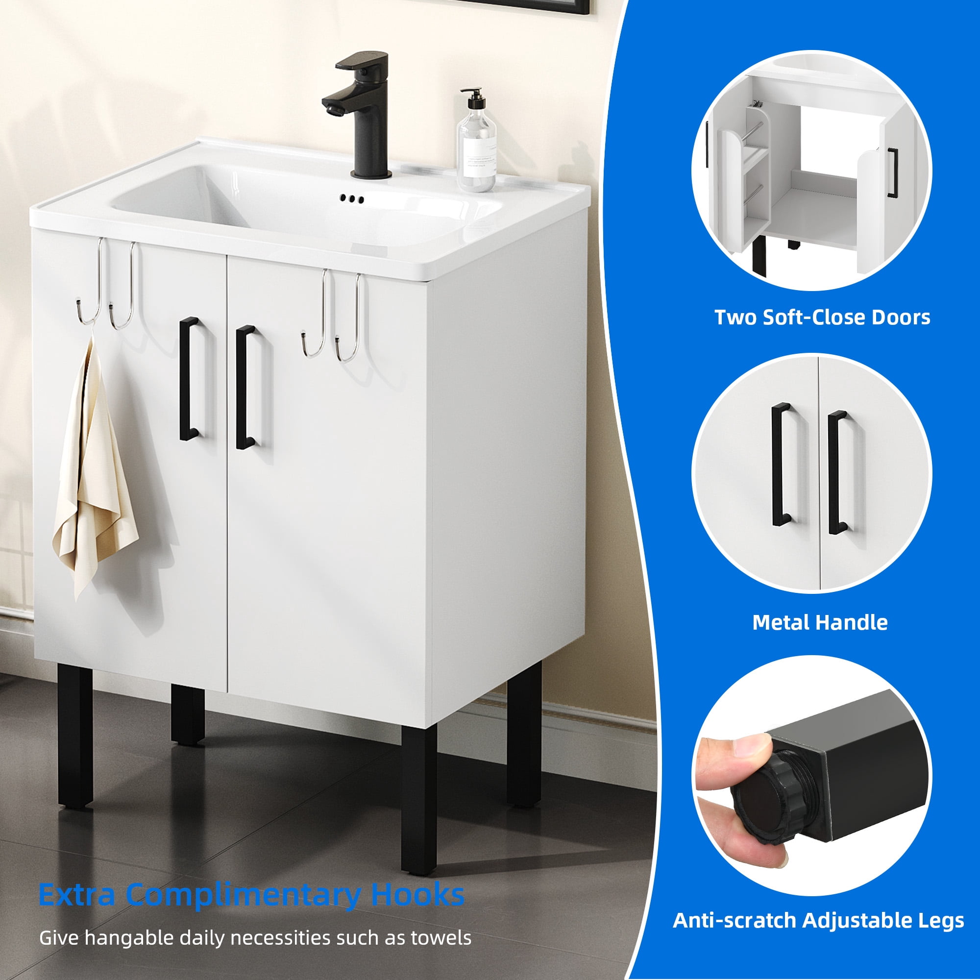 Uforic 24 Inch Bathroom Vanity with Sink Top, Free Standing Bathroom Storage Cabinet with Under-mount Sink, White