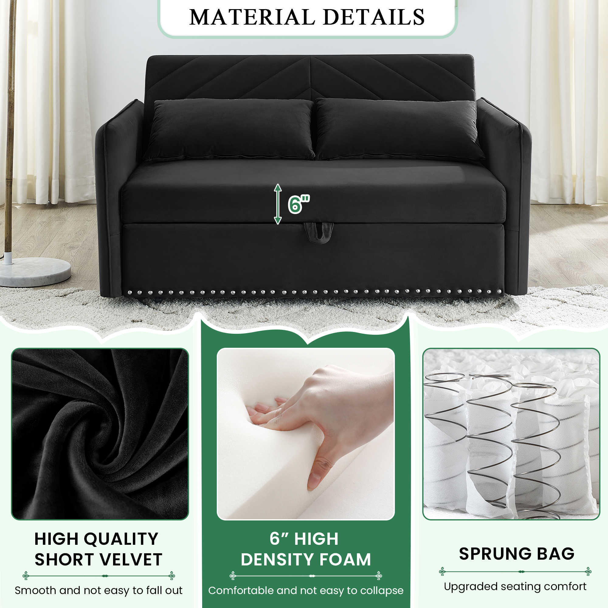 Dinosisco Convertible Sleeper Loveseat with USB, 55" Velvet Futon Sofa Bed, Black