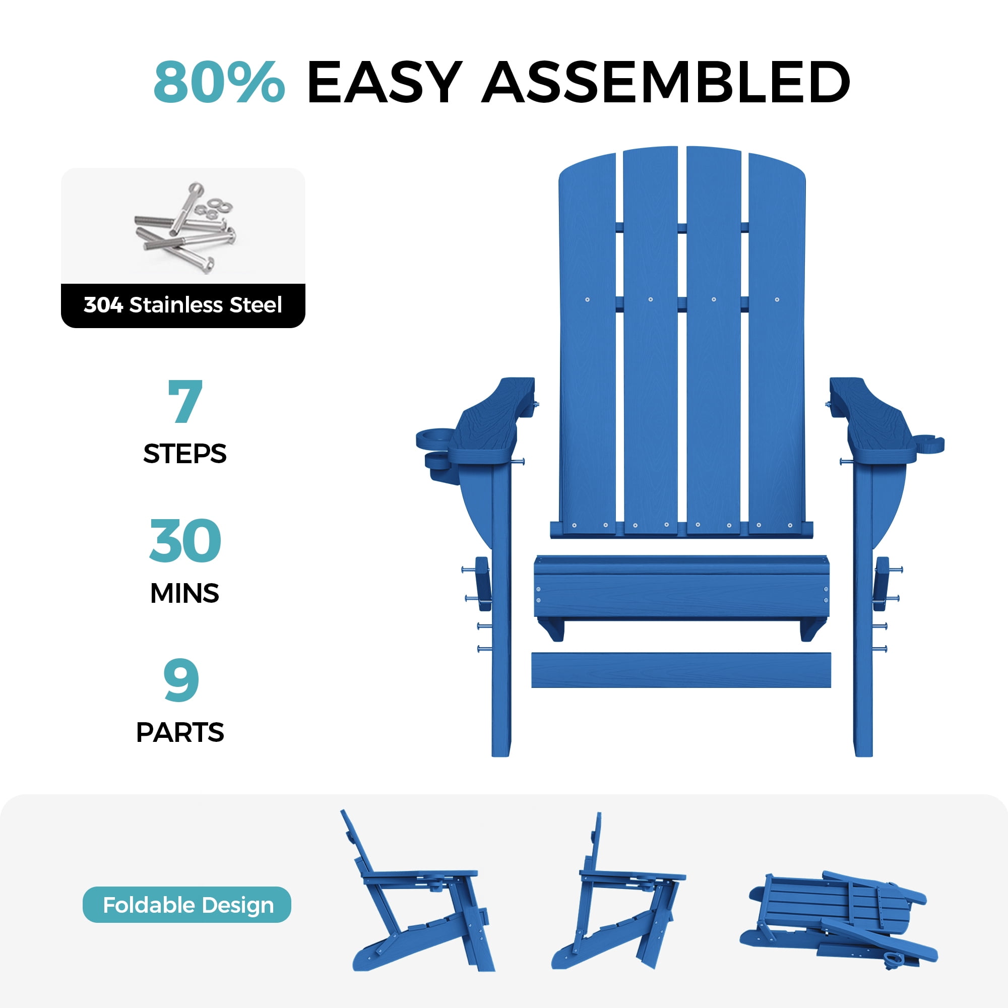 Adirondack Chair Set of 4, Outdoor Folding All-Weather HDPE Adirondack Chairs with 2 Cup Holders for Patio, Blue