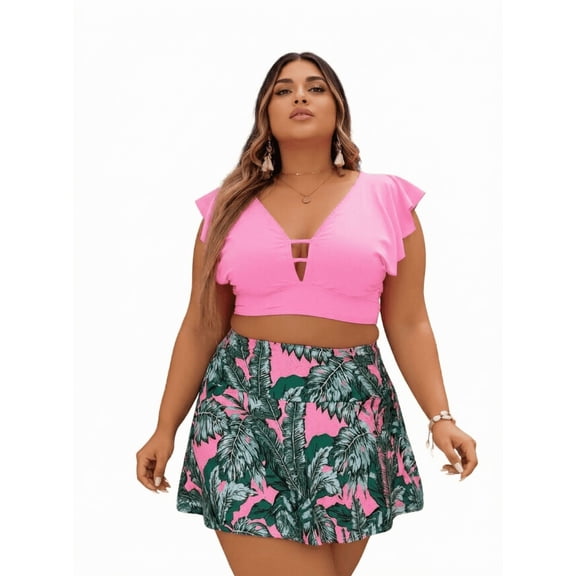 Women's Plus Size 2 Piece Swimsuit Set – Hot Pink Ruffled Crop Top with Tropical Leaf Print Skirted Bottoms for Beach & Pool