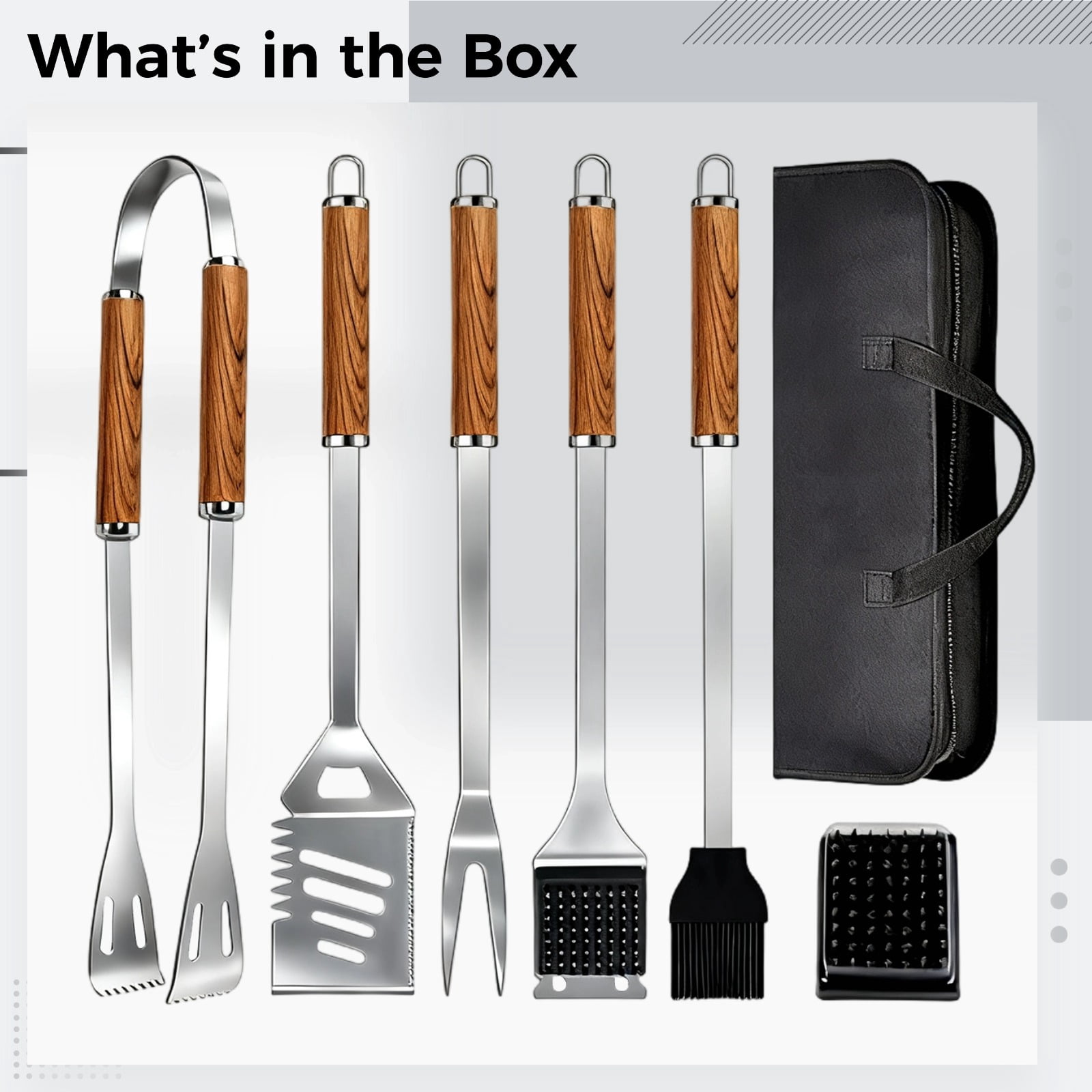 7 Pcs BBQ Tool Set with Wood Handle and Storage Bag, Stainless Steel Grilling Utensils with Extended Tongs, Includes Spatula, Fork, Brush, for Outdoor Cooking
