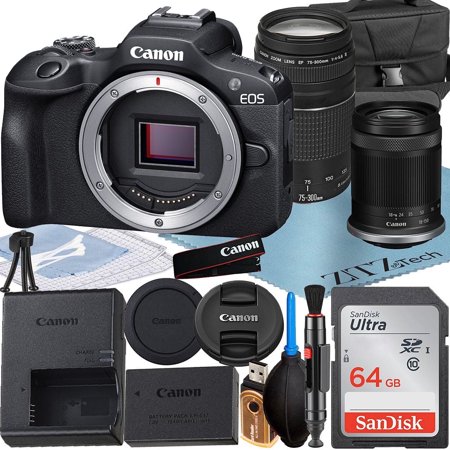 Canon EOS R100 Mirrorless Camera with RF-S 18-150mm + 75-300mm Lens + SanDisk 64GB Memory Card + Case + ZeeTech Accessory Bundle (International Version)